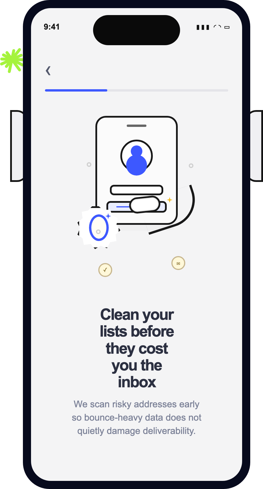 MailBounce onboarding screen — clean your lists before they cost you the inbox